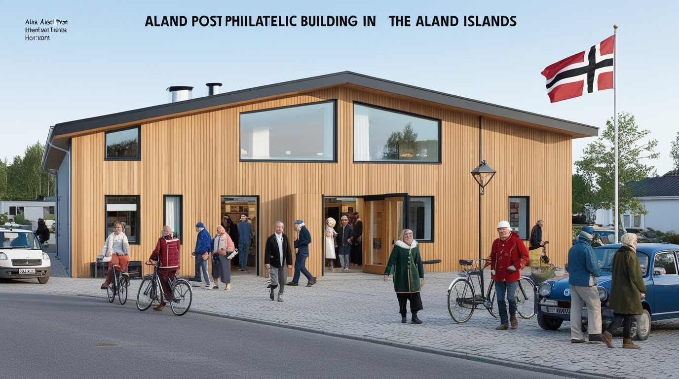 A horizontal image depicting the Aland Post Philatelic building in the Aland Islands, now bustling with local life. The building is designed in a Nordic architectural style, simple yet elegant, with large windows and a wooden facade. The scene captures local people in a mix of modern and traditional Nordic attire, engaging in daily activities around the building. Some are entering and exiting the building, others are walking or chatting nearby. The street scene includes local vehicles like bicycles and small European cars, adding a sense of movement and everyday life. Prominently displayed is the flag of the Aland Islands, either on a flagpole or attached to the building, symbolizing the region's identity. The surrounding environment is serene, with clear skies and a few trees typical of the Nordic landscape.