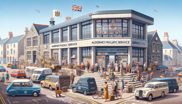 A full horizontal image showcasing the Alderney Stamps - Alderney Philatelic Service building. This depiction includes local people and vehicles, creating a vibrant scene around the building. The architecture combines modern British design with traditional elements, featuring a distinctive entrance marked by the service's name. The environment is lively, with residents and tourists in various attire, reflecting the island's cultural diversity. Nearby, different vehicles such as bikes, cars, and postal vans hint at the daily rhythm of life. A local flag waves prominently, anchoring the scene in its Alderney setting. The sky is clear, suggesting a bright, bustling day. In the image, subtly integrated into the scene, is the URL 'https://www.cryptostampstop.com/', linking to a site associated with philatelic interests.