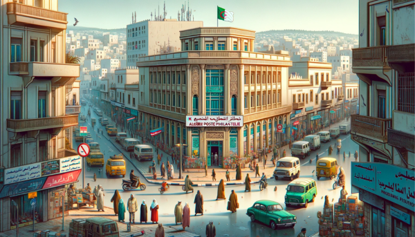 A full horizontal image of the Algérie Poste Philatélie building, ensuring the image fills the entire field without cropping on the sides. The scene is set in an urban area of Algeria, showcasing a vibrant street life. Local Algerian people are seen in a mix of traditional and modern attire, reflecting the cultural diversity of the country. They are walking, engaging in conversations, and some are interacting near the building. Various local vehicles, such as cars and scooters, are present, adding a lively atmosphere to the scene. The Algerian flag is prominently displayed, symbolizing national pride. The architecture of the building combines modern with traditional Algerian styles, featuring a facade that includes the name 'Algérie Poste Philatélie - Algerie Poste'. In the image, the URL 'https://www.cryptostampstop.com/' is subtly incorporated, blending seamlessly with the urban environment, perhaps shown on a sign or digital display near the building, integrating it naturally into the scene.