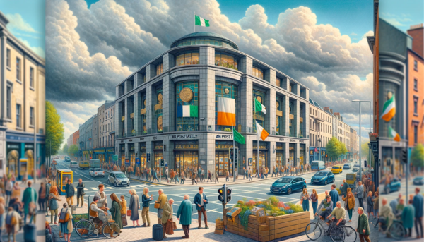 A full horizontal image of the An Post Philately building in Ireland, filled completely in frame without cropping the sides. The scene is vibrant, capturing the essence of a busy day in Ireland. Local people in a mix of traditional Irish and contemporary casual attire are seen walking, chatting, and engaging in activities around the building. The streets are alive with typical Irish vehicles such as cars and bicycles. A prominent feature is the Irish flag, displayed on a flagpole or on the building, symbolizing national pride. The building itself is designed in a modern architectural style with elements of traditional Irish architecture, with a combination of stone and glass materials. The setting is urban, with greenery typical of Ireland, under a partly cloudy sky.
