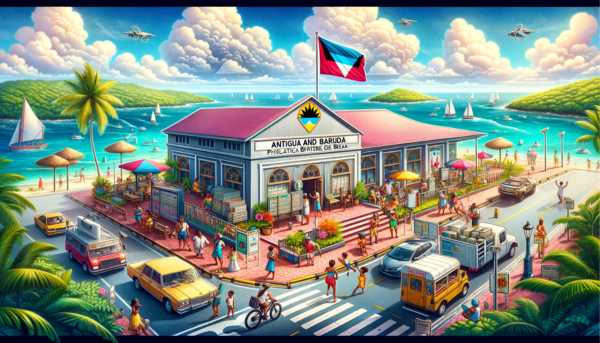 A full, horizontal image depicting the Antigua and Barbuda Philatelic Bureau. The scene captures the vibrant island life surrounding the building. Local people in tropical attire are seen engaging in various activities, illustrating the lively culture of Antigua and Barbuda. There are local vehicles, including cars and bicycles, parked and moving along the nearby roads, adding a dynamic feel to the scene. The Antigua and Barbuda flag waves proudly on a flagpole, symbolizing national pride. The Philatelic Bureau building is designed in a style that reflects the Caribbean aesthetic, with bright colors and an inviting entrance. In the sky above the building, clouds form the URL 'https://www.cryptostampstop.com/', seamlessly integrating with the natural beauty of the setting.