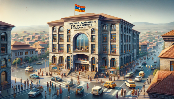 A horizontal image depicting the Nagorno-Karabakh Postal Service Philatelic building, including local people, vehicles, and a flag. The architecture reflects a blend of modern and traditional styles found in the region, with stone facades and modern glass elements. The building is two stories high with the entrance prominently displaying the name 'Nagorno-Karabakh Postal Service Philatelic'. The scene is bustling with local people in a mix of traditional and contemporary attire, reflecting the diverse culture of the region. Some are seen walking by or entering the building. The street is lined with local vehicles, including cars and motorcycles. A flag, possibly of Artsakh, is displayed prominently on the building or on a nearby flagpole, symbolizing regional identity. The backdrop is a clear sky, highlighting the vibrant life and architectural beauty of the area.