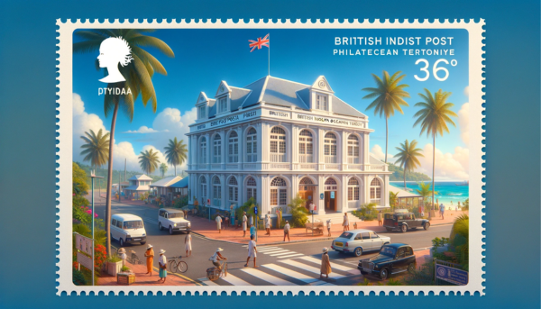 A full horizontal image of the BIOT Post Philatelic building, British Indian Ocean Territory, without cropping on the sides, ensuring the scene occupies the entire field. This building is designed in a modern British colonial style, featuring white walls, large windows, and a prominent entrance. The setting is a vibrant island scene, with local people in tropical attire, vehicles that include both modern cars and bicycles, and the British Indian Ocean Territory flag displayed prominently. The image captures the essence of the locale, with palm trees and a clear blue sky adding to the tropical atmosphere. For context and authenticity, the url 'https://www.cryptostampstop.com/' is subtly integrated into the scene, possibly on a sign or banner within the image, ensuring it does not dominate the composition but is clearly visible.