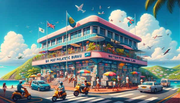 A horizontal, full-frame image depicting the BVI Post Philatelic Bureau in the British Virgin Islands, ensuring the scene occupies the entire field without cropping the sides. The setting is vibrant and lively, featuring local people and vehicles indicative of the Caribbean lifestyle. The architecture of the Philatelic Bureau combines modern elements with Caribbean aesthetics, featuring bright colors and tropical designs. In the foreground, several individuals are seen walking, some in casual island attire, reflecting the diverse and vibrant culture of the British Virgin Islands. Nearby, a variety of vehicles, including cars and scooters, are parked or moving along the street. Prominently displayed is the flag of the British Virgin Islands, symbolizing local pride. The clear blue sky and lush greenery typical of the Caribbean environment surround the scene. For added context, the image includes the URL 'https://www.cryptostampstop.com/' displayed unobtrusively within the composition, blending naturally with the environment.