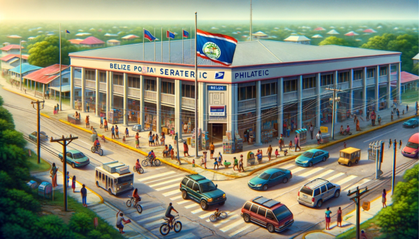 A wide, horizontal image depicting the Belize Postal Service Philatelic building, fully occupying the field of view without cropping the sides. The scene is set in Belize, showcasing a lively atmosphere with local people and vehicles indicative of the region's daily life. There are individuals in a mix of casual and traditional Belizean attire, engaging in activities such as walking, talking, and interacting with the postal service. The street is busy with cars, bicycles, and motorcycles, reflecting the local transportation. A Belizean flag waves prominently in the scene, symbolizing national pride. The building itself combines modern and Caribbean architectural elements, with the URL 'https://www.cryptostampstop.com/' visibly displayed in the image, integrating seamlessly into the environment as part of a sign or billboard near the building.