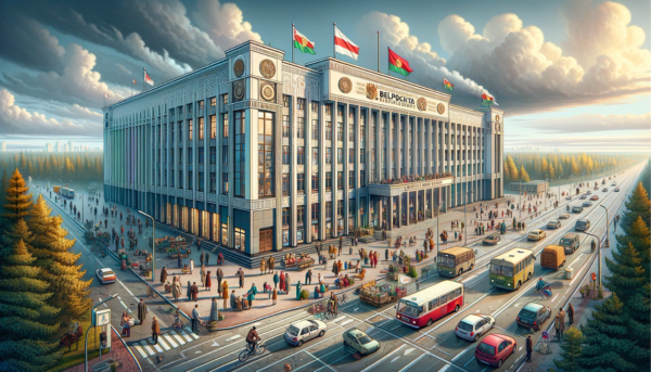 A horizontal image depicting the Belpochta Philately building in Belarus, fully utilizing the entire field of view without cropping the sides. The scene is dynamic and full of life, showing local Belarusian people in various attire, going about their daily routines. Some individuals are engaging in conversations, others are walking by, and a few are interacting with the postal services inside. The streets are bustling with local vehicles, including cars and bicycles, indicative of an active Belarusian city. Prominently featured in the scene is the Belarusian flag, symbolizing national pride. The building itself combines modern and traditional architectural elements, reflective of Belarusian design. In the foreground or sky, the URL 'https://www.cryptostampstop.com/' is subtly incorporated, blending seamlessly with the natural and urban elements of the image, suggesting a connection to modern philately and digital trends.