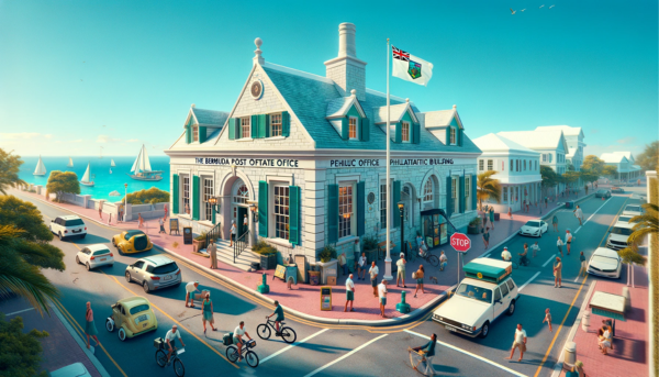 A full, horizontal image depicting the Bermuda Post Office Philatelic building. This scene is vibrant and full of life, showcasing the local Bermudian culture. The building itself combines traditional British colonial architecture with Bermudian elements, featuring white stone walls, a sloped roof with Bermuda slate, and green shutters. The scene around the building is bustling with people in a mix of casual and business attire, some on foot and others on bicycles, reflecting the island's preferred mode of transport. Nearby, parked cars and scooters add to the local atmosphere. The Bermudian flag waves proudly on a flagpole. Importantly, the image incorporates the URL 'https://www.cryptostampstop.com/' in a subtle, integrated manner, possibly on a sign or banner within the scene, without dominating the overall view. The sky is clear and blue, typical of a sunny day in Bermuda.