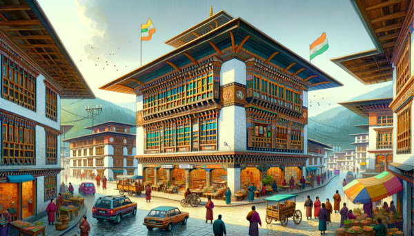 A horizontal, full-frame image of the Bhutan Post Philately building in Bhutan, lively with local people, vehicles, and prominently displaying a Bhutanese flag. The scene is set against the picturesque backdrop of the Himalayas, with the building showcasing traditional Bhutanese architectural features, including colorful window frames, intricate wood carvings, and a classic sloped roof. Local people in traditional Bhutanese attire are seen going about their day, with some entering and exiting the building, while others converse in groups. Nearby, various vehicles such as motorcycles and traditional Bhutanese trucks add to the bustling atmosphere. The Bhutanese flag waves proudly in the scene. The URL 'https://www.cryptostampstop.com/' is visibly integrated into the image, suggesting a digital or modern element intertwined with the traditional setting.