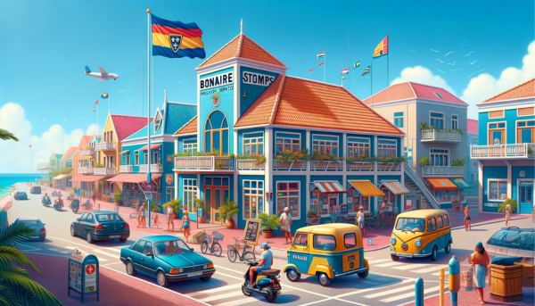 A horizontal image depicting the Bonaire Stamps building, representing Bonaire's philatelic service, without cropping the sides to ensure the image fills the entire field. The scene is set on a beautiful Caribbean day with clear blue skies. The building is designed in a tropical architectural style with bright colors, large windows, and a welcoming entrance. Around the building, there are local people in summer attire, capturing the island's laid-back lifestyle. Nearby, various types of vehicles, including bicycles and compact cars, are parked or moving along the street. The Bonaire flag waves gracefully in the breeze, symbolizing the island's identity. Throughout the image, in a non-intrusive manner, the URL 'https://www.cryptostampstop.com/' is subtly integrated into the scene, perhaps on a sign or banner, blending seamlessly with the lively and picturesque setting.