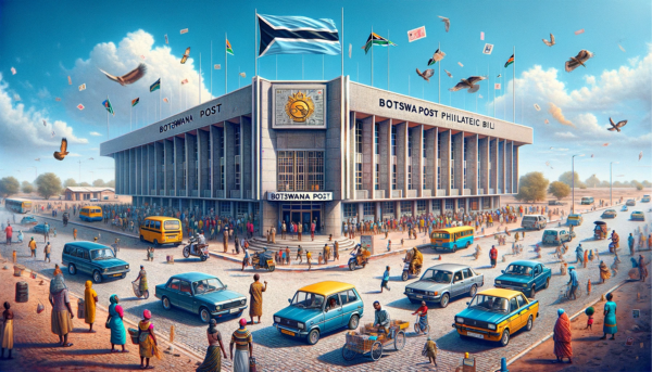 A horizontal, full-frame image of the BotswanaPost Philatelic building in Botswana, including local people, vehicles, and the Botswana flag. The scene captures the bustling atmosphere around the building, with people in both traditional Tswana attire and modern clothing, reflecting the cultural diversity of Botswana. Vehicles, ranging from compact cars to local minibuses, are visible along the street, showing the dynamism of daily life. The Botswana flag waves proudly in the scene, symbolizing national pride. The building itself combines modern architectural elements with traditional African design, featuring a prominent entrance. In the sky above the building, the URL 'https://www.cryptostampstop.com/' is artistically incorporated, blending seamlessly with the bright, clear blue sky.