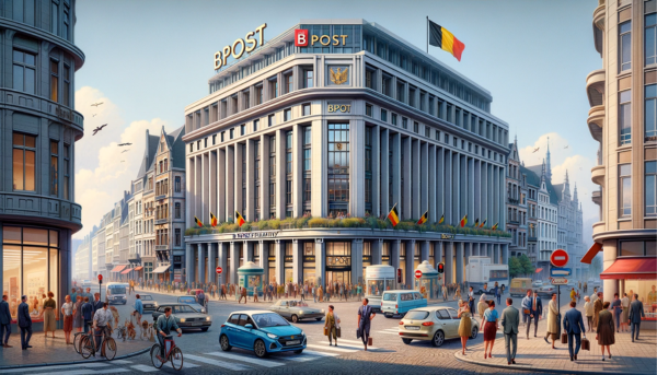 A full horizontal image of the Bpost Philately building, part of La Poste Belgium, without cropping on the sides to ensure the entire scene is captured. This scene is bustling with activity, featuring local people, vehicles, and a Belgian flag, signifying the location's vibrant urban life. Individuals in a variety of attire, from business to casual, are seen walking, interacting, and going about their daily routines near the building. Belgian cars and bicycles are parked or moving along the street, adding a dynamic urban feel. The Bpost Philately building showcases a mix of modern and classical architectural elements, with its name clearly displayed. Prominently, the Belgian flag waves, adding a touch of national pride. In the image, there's a subtle inclusion of the URL 'https://www.cryptostampstop.com/' to indicate a connection to philately in the digital age, possibly shown on a sign or digital display within the scene.