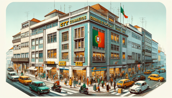 A horizontal image depicting the CTT Correios de Portugal Filatelia building, with local people, vehicles, and the Portuguese flag. The building is a blend of contemporary and traditional Portuguese architecture, with a tiled facade typical of Portugal. It's a bustling urban scene with local people in a mix of traditional and modern attire, some entering the building and others walking by. The street is filled with typical Portuguese vehicles, including cars and motorbikes. The Portuguese flag is prominently displayed, either on a flagpole or on the building, symbolizing national pride. The atmosphere is lively and captures the essence of a busy day in urban Portugal.