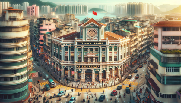 A wide, horizontal image of the CTT Macau Filatelia building - Macau Post in Macao, filling the entire field of view without any side cropping. The building is a blend of modern and traditional Chinese architectural styles, featuring a prominent entrance with a large sign reading 'CTT Macau Filatelia - Macau Post'. The street scene is vibrant and bustling with local people, reflecting the diverse population of Macau. People are seen in various activities: walking, conversing, and some interacting near the post office. The area is busy with local vehicles like cars, mopeds, and bicycles, typical of Macanese urban life. A Macau flag is displayed prominently, symbolizing the region's identity. The architecture, while modern, incorporates elements like tiled roofs and bright colors, typical of Macanese buildings.