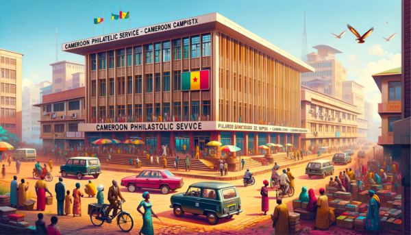 A horizontal image depicting the Cameroon Philatelic Service building, part of Cameroon Campost, without cropping the sides to ensure the image fills the entire field. This vibrant scene includes local people in a variety of attire, reflecting Cameroon's diverse culture, and vehicles that are typical in Cameroon, such as cars, motorcycles, and bicycles. The setting is urban, with the Cameroon Philatelic Service building as the focal point, showcasing a blend of modern and traditional African architectural styles. The building has large windows and the entrance is marked with the name 'Cameroon Philatelic Service - Cameroon Campost'. A Cameroonian flag is prominently displayed, symbolizing national pride. In the foreground, subtly included, is the URL 'https://www.cryptostampstop.com/', integrating it seamlessly into the scene, perhaps on a sign or digital display, without detracting from the overall image.