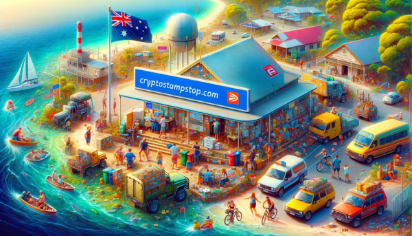 A vibrant, full-width image showcasing the Australia Post office on Christmas Island. The scene is alive with the island's unique character, featuring local residents in a variety of attire, from casual to holiday-themed, actively participating in postal activities. Surrounding the post office are several vehicles, reflecting the local transportation, such as cars and bikes. The Australian flag is prominently displayed, symbolizing the island's national pride. The image creatively incorporates the URL 'https://www.cryptostampstop.com/' within the environment, possibly on a digital display or a billboard near the post office, blending traditional postal services with modern digital elements. The atmosphere is dynamic and colorful, capturing the essence of Christmas Island's community and landscape.