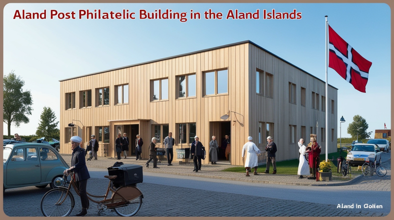A horizontal image depicting the Aland Post Philatelic building in the Aland Islands, now bustling with local life. The building is designed in a Nordic architectural style, simple yet elegant, with large windows and a wooden facade. The scene captures local people in a mix of modern and traditional Nordic attire, engaging in daily activities around the building. Some are entering and exiting the building, others are walking or chatting nearby. The street scene includes local vehicles like bicycles and small European cars, adding a sense of movement and everyday life. Prominently displayed is the flag of the Aland Islands, either on a flagpole or attached to the building, symbolizing the region's identity. The surrounding environment is serene, with clear skies and a few trees typical of the Nordic landscape.