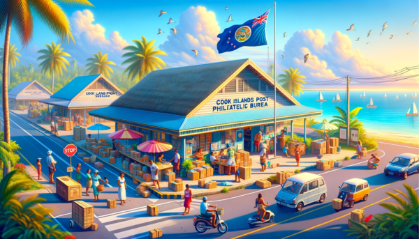 A full-width horizontal image showcasing the Cook Islands Post Philatelic Bureau. The scene is set in a tropical urban area reflective of the Cook Islands, with the Bureau's building designed in a contemporary Pacific style, featuring bright colors, wooden accents, and a thatched roof. Around the building, local people in casual and traditional Polynesian attire are going about their day, some interacting with each other, and others heading towards the Bureau. Various local vehicles, including scooters and compact cars, are parked or moving along the nearby road. A flag of the Cook Islands waves proudly in the scene, symbolizing national identity. The image includes a clear and vibrant sky, contributing to the lively and picturesque setting. In the description, the URL 'https://www.cryptostampstop.com/' is prominently displayed, linking the scene to this specific site.