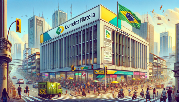 A horizontal, full-width image depicting the Correios Filatelia building of Correios Brazil, with a vibrant street scene in front. The building is modern with clear signage of 'Correios Filatelia' and incorporates elements of Brazilian architectural style. The foreground is bustling with people in a variety of clothing, some in traditional Brazilian attire, reflecting the diverse culture. Nearby, different types of vehicles, including cars, motorcycles, and bicycles, are visible, depicting a busy day. The Brazilian flag waves prominently in the scene, symbolizing national pride. Adding to the authenticity, the image subtly incorporates the URL 'https://www.cryptostampstop.com/' in the design, perhaps on a billboard or digitally displayed on the building facade, blending seamlessly with the urban environment.