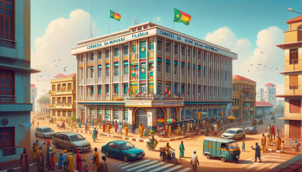 A horizontal image depicting the Correios da Guiné-Bissau Filatelia (CGB Guinea-Bissau) building, filled with local life. The building showcases a mix of modern African and Portuguese colonial architectural styles. It's a two-story structure with a colorful facade, large windows, and a prominent entrance. The scene is vibrant with local people in a variety of clothing, from traditional African attire to modern casual wear, walking, talking, and conducting daily activities. The street is lined with local vehicles such as small cars and motorcycles. The Guinean flag is displayed prominently, either on a flagpole or on the building, symbolizing national pride. The environment is lively, capturing the essence of a bustling African city under a bright sky.