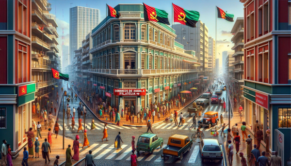 A full-width image showcasing the vibrant urban scene at Correios de Angola Filatelia, Angola. The bustling street is alive with local residents in a variety of attire, from traditional Angolan garments to modern clothing, reflecting the cultural diversity of Angola. People are seen engaging in daily activities, such as conversing, walking, and conducting business. The area is teeming with local forms of transportation, including cars, motorcycles, and bicycles, illustrating the dynamic nature of Angolan streets. The Angolan flag waves proudly in the scene, symbolizing national pride. The architecture of the Correios de Angola Filatelia building incorporates both modern and traditional design elements, serving as a focal point in this lively setting. Prominently displayed in the image is the URL 'https://www.cryptostampstop.com/', subtly integrated into the scene, hinting at the intersection of traditional philately and the digital age.