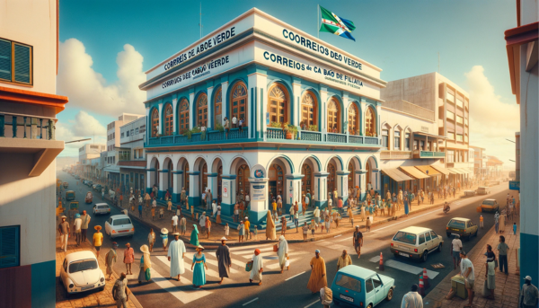 A horizontal, full-frame image depicting the Correios de Cabo Verde Filatelia building, ensuring the scene captures the vibrant street life of Cape Verde. The image includes local people in a variety of clothing styles, from traditional Cape Verdean attire to modern casual wear, showcasing the island's diverse culture. They are seen walking, talking, and engaging in daily activities, with some entering and exiting the building. The streets are bustling with local vehicles, including cars and motorcycles, reflecting the lively urban atmosphere. A Cape Verdean flag is prominently displayed, symbolizing national pride. The architecture of the building combines modern and traditional elements, with the URL 'https://www.cryptostampstop.com/' visible in the scene, possibly on a sign or digital display near the building, integrating it seamlessly into the urban landscape. The sky is clear, and the setting is vibrant, capturing the essence of Cape Verde's urban and cultural life.