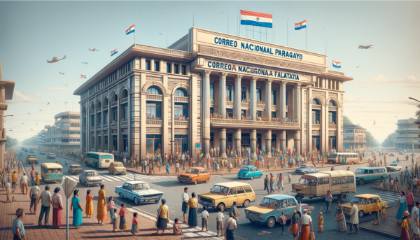 A horizontal image of the Correo Nacional Paraguayo Filatelia building in Paraguay, bustling with local activity. The scene includes local people in a variety of clothing, reflecting the diverse culture of Paraguay. Some are in traditional Paraguayan attire, while others wear contemporary clothes. They are seen walking, talking, and engaging in daily activities around the building. The streets are active with typical Paraguayan vehicles, such as cars and buses, adding vibrancy to the urban environment. The Paraguayan flag is prominently displayed, either flying on a flagpole or adorning the building, symbolizing national pride. The building itself combines modern and traditional architectural elements, fitting seamlessly into the urban landscape of Paraguay under a clear sky.