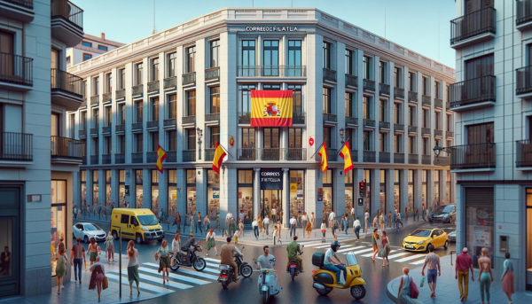 A horizontal image of the Correos Filatelia building in Spain, including local people, vehicles, and the Spanish flag. The scene captures the vibrant street life typical of Spain. People are shown in a variety of attire, reflecting the diverse Spanish culture. Some are casually strolling, others are engaged in conversation, and a few are entering or leaving the building. The street is bustling with local vehicles, including cars and mopeds, adding a sense of movement and everyday life. The Spanish flag is prominently displayed, either on a flagpole or on the building, symbolizing national pride. The building itself reflects a modern European architectural style, with large windows and a sleek facade, situated in an urban Spanish setting.