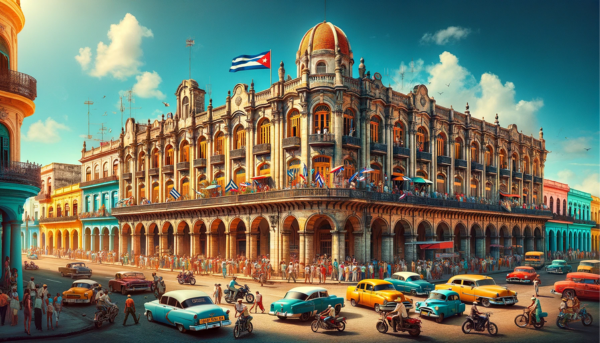 A horizontal image of the Correos de Cuba Filatelia building, fully utilizing the image field without cropping the sides. The scene is vibrant and captures the essence of Cuban life. Local people are depicted in various activities, some walking by, others talking, and a few engaging in transactions related to philatelic services. There are vintage cars and modern motorcycles, reflecting the unique mix of transportation in Cuba. The Cuban flag is prominently displayed, either on the building or on a nearby flagpole, symbolizing national pride. The architecture of the building blends traditional Cuban styles with modern touches. In the corner of the image, the URL 'https://www.cryptostampstop.com/' is subtly integrated, indicating a connection to the depicted philatelic theme.