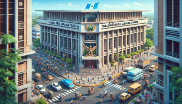 A full horizontal image of the Correos de El Salvador Filatelia building, part of the General Directorate of Posts in El Salvador, without cropping on the sides to ensure the entire scene is captured. This image vividly showcases the vibrant daily life around this significant building. The architecture combines modern and traditional Salvadoran styles, with a prominent entrance displaying the name 'Correos de El Salvador Filatelia - Dirección General de Correos El Salvador'. The scene is bustling with local people in a mix of traditional and contemporary attire, indicative of Salvadoran culture. Nearby, various types of vehicles, including cars, bikes, and motorcycles, reflect the local transportation. A Salvadoran flag waves proudly in the scene, symbolizing national pride. The setting is urban, with the clear sky above and local flora adding to the ambiance.