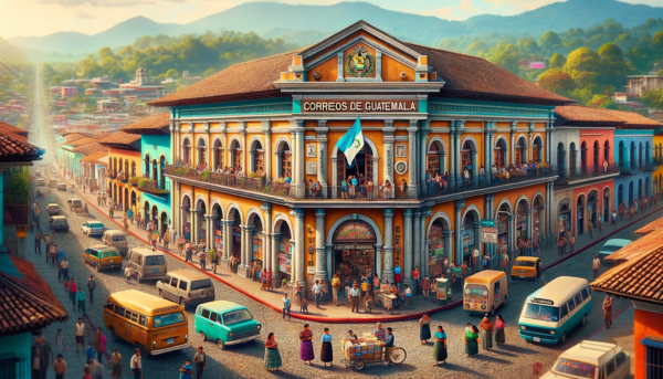 A full horizontal image of the Correos de Guatemala Filatelia building, ensuring the entire scene fills the frame. The building features a blend of colonial and modern architectural styles, common in Guatemalan urban landscapes. It is a two-story structure with a terracotta-tiled roof, brightly colored walls, and large arched windows. The entrance is adorned with the sign 'Correos de Guatemala Filatelia - El Correo Guatemala'. The lively street scene includes local people in diverse attire, indicative of Guatemala's rich cultural tapestry. They are walking, chatting, and engaging in daily activities. Various local vehicles like colorful buses and cars are visible on the street. The Guatemalan flag is prominently displayed, adding a patriotic touch to the vibrant scene.