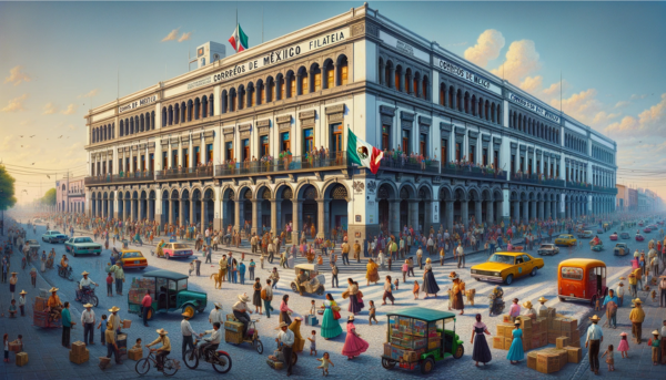 A horizontal, full-frame image of the Correos de México Filatelia building, bustling with local life. The scene captures the energetic atmosphere of a Mexican street. People in a variety of attire, from traditional Mexican clothing to modern styles, are seen engaged in various activities - walking, chatting, and interacting near the building. The street is busy with typical Mexican vehicles such as colorful cars and motorcycles. The Mexican flag is prominently displayed, symbolizing the country's pride. The architecture of the building is a harmonious blend of Mexico's colonial heritage and contemporary design, set against a clear, bright sky, embodying the vibrant spirit of Mexico.