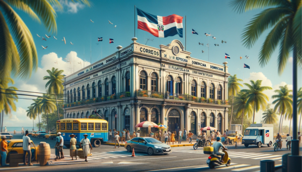 A full-width horizontal image featuring the Correos de la República Dominicana Filatelia - Instituto Postal Dominicano building, fully capturing the essence of the location without cropping any part of the scene. The setting is vibrant, with local Dominican people in a mix of traditional and contemporary attire, showcasing the cultural diversity of the Dominican Republic. They are engaging in various activities like walking, talking, and using postal services. The street is lively with local vehicles, including cars and motorcycles, typical of Dominican urban life. A Dominican flag is prominently displayed, symbolizing national pride, either on a flagpole or attached to the building. The architecture of the building is a blend of colonial and modern styles, with a distinctive facade that includes the name of the institution. The sky is clear, reflecting a typical sunny day in the Caribbean.