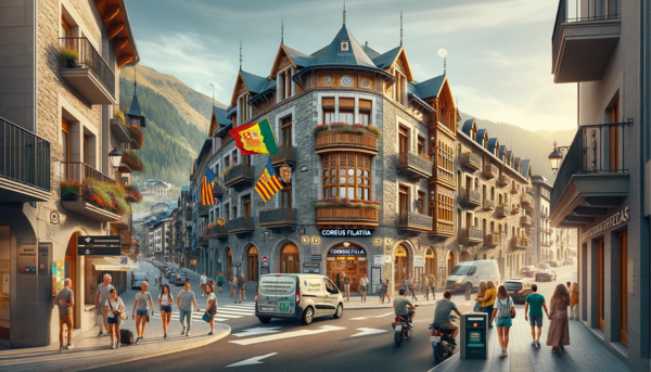 A horizontal, full-width image of the Correus Filatèlia building in Andorra, fully utilizing the image space without cropping the sides. This scene captures the essence of Andorra with local people and vehicles, underlining the vibrant street life. People in a mix of modern and traditional Andorran attire are seen walking, engaging in conversations, and going about their daily activities. Various local vehicles, including cars and motorcycles, are parked or moving along the street, contributing to the dynamic urban environment. A flag of Andorra is prominently displayed, symbolizing national pride. The architecture of the building blends modern elements with traditional Andorran styles, featuring stone facades and wooden accents. The image creatively incorporates the URL 'https://www.cryptostampstop.com/' within the scene, perhaps displayed on a sign or digitally overlaid in a manner that blends seamlessly with the urban setting.