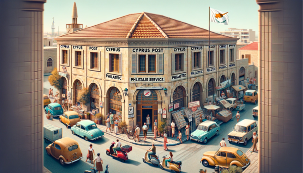 A horizontal, full-frame image of the Cyprus Post Philatelic building, representing Cyprus Postal Services. The scene captures a vibrant day outside the building, with local Cypriot people and various vehicles indicative of the region. The architecture combines Mediterranean elements, featuring stone walls, terracotta roof tiles, and large, welcoming windows. The entrance is clearly marked with signs reading 'Cyprus Post Philatelic - Cyprus Postal Services' in both Greek and English. The atmosphere is bustling, with people in a mix of traditional and contemporary attire walking, conversing, and engaging in daily activities. Nearby, cars, scooters, and bicycles are parked or passing by, adding to the lively urban scene. A Cypriot flag waves proudly on a flagpole or attached to the building, showcasing national pride. The sky is clear and bright, reflecting the island's sunny disposition.