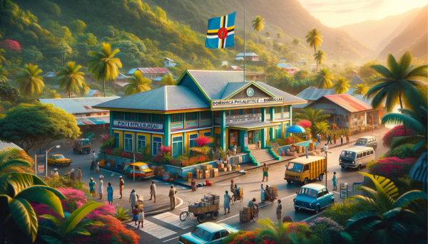 A horizontal, full-width image showcasing the Dominica Philatelic Bureau - General Post Office Dominica. This scene is set against the lush, tropical backdrop of Dominica, with the post office building embodying a blend of Caribbean architectural styles. It's a single-story structure with bright, colorful walls and a corrugated metal roof, typical of the region. The entrance is clearly marked, and the building is surrounded by vibrant local flora, including palm trees and tropical flowers. The image is alive with local people in a variety of attire, reflecting the diverse culture of Dominica. They are seen walking, conversing, and going about their daily activities. Nearby, several local vehicles, such as cars and bicycles, are parked or passing by. A Dominica flag waves proudly in the breeze, adding a patriotic touch to the bustling scene.