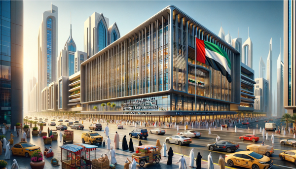 A horizontal image of the Emirates Post Philatelic building in the United Arab Emirates, featuring local people, vehicles, and the national flag. The scene is set in a modern urban environment typical of the UAE, with the building showcasing contemporary Middle Eastern architecture, characterized by sleek lines and glass facades. The area around the building is bustling with activity: people in a mix of traditional Emirati attire and modern western clothes are seen walking, conversing, and conducting their daily business. There are various local vehicles, including luxury cars and traditional taxis, adding a sense of the region's affluence and modernity. Prominently displayed is the flag of the United Arab Emirates, either flying on a flagpole or draped on the building, symbolizing national pride. The overall atmosphere is vibrant and reflects the dynamic spirit of the UAE.