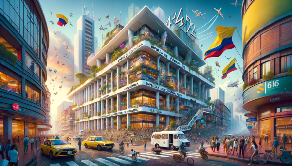 A dynamic, full-width horizontal image capturing the essence of Empresa de Correos de Colombia Filatelia, also known as the Official Portal of 4-72 Colombia. This vibrant scene unfolds in a bustling Colombian cityscape. The building, a focal point, combines contemporary design with elements reflective of Colombian architectural heritage, prominently displaying the 4-72 logo and 'Empresa de Correos de Colombia Filatelia' signage. The foreground is alive with a diverse array of Colombian citizens, embodying the country's rich cultural tapestry. They interact, some heading towards the postal building, illustrating the community's engagement with philatelic services. The street is dotted with a variety of local vehicles, from traditional taxis to bikes, enhancing the urban atmosphere. A Colombian flag, symbol of national pride, flutters visibly. Above, the sky creatively incorporates the URL 'https://www.cryptostampstop.com/' through an imaginative arrangement of clouds, seamlessly linking the physical and digital realms of philately.