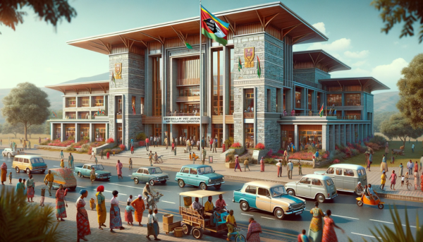 A horizontal image depicting the Eswatini Posts and Telecommunications Corporation Philatelic building in Swaziland, with local people and vehicles. The architecture reflects a blend of modern and traditional Swazi styles. The two-story building is characterized by its use of local stone and timber, with a prominent entrance. The scene around the building is vibrant, with Swazi people in a mixture of traditional and contemporary clothing. They are engaging in various activities such as walking, talking, and using services offered by the building. Nearby, typical Swazi vehicles like small cars and bikes are visible. A Swazi flag is prominently displayed, either on a flagpole or on the building, symbolizing national pride. The sky is clear and bright, adding to the lively atmosphere.