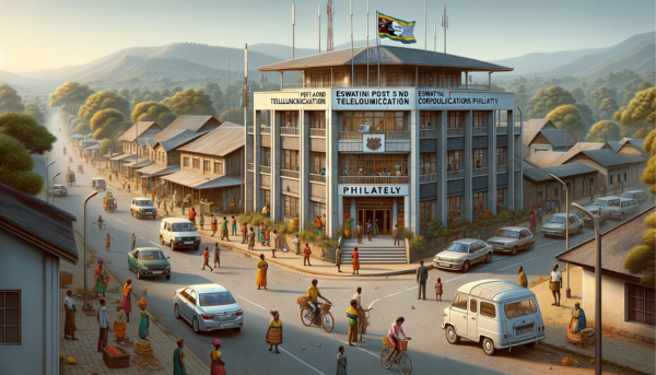 A horizontal image depicting the Eswatini Posts and Telecommunications Corporation Philately building in Eswatini, Swaziland. The scene includes local people and vehicles, capturing the essence of everyday life in Eswatini. The architecture reflects a blend of modern and traditional Swazi styles, with a one-story building featuring a combination of concrete and locally sourced materials. The entrance displays a sign with the name 'Eswatini Posts and Telecommunications Corporation Philately'. The streets around the building are lively, with local residents in a mix of traditional Swazi and contemporary clothing, and vehicles like small cars and bicycles. A Swazi flag is prominently displayed, either on a flagpole or on the building, symbolizing national pride. The image fills the entire field without cropping the sides, offering a complete view of the vibrant street scene.