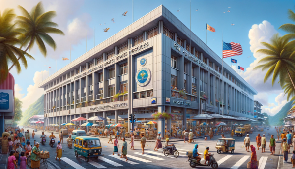 Another full horizontal image of the FSM Postal Services Philatelic building in Micronesia, filling the entire field without side cropping. The image captures a lively Micronesian street scene. It includes local people in traditional and modern attire engaging in various activities, some walking by, others in conversation near the building. The street is busy with local transport like scooters and small cars, adding a dynamic atmosphere. A prominent flag of the Federated States of Micronesia is visible, either on a flagpole or on the building. The architectural style of the building is a blend of modern and traditional Pacific designs, set in a tropical environment with a clear blue sky overhead.