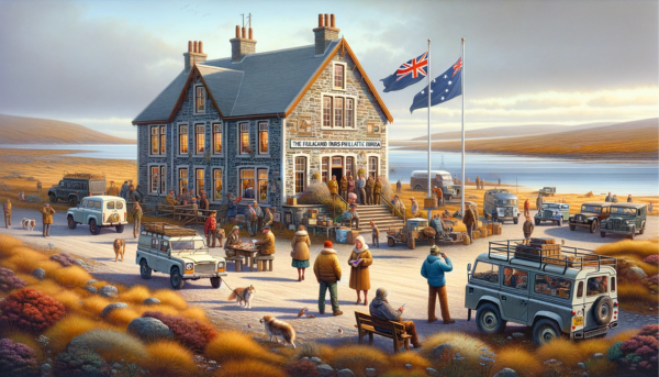 A full horizontal image of the Falkland Islands Philatelic Bureau building, including local people, vehicles, and the Falkland Islands flag. The scene is set in a serene, picturesque setting typical of the Falkland Islands. The building itself reflects a charming, rustic architectural style with stone walls and a pitched roof. Around the building, there are local residents and tourists, some wearing warm clothing due to the island's cool climate. They are seen walking, taking pictures, and engaging in casual conversations. Nearby, typical island vehicles like small trucks and off-road vehicles are parked or moving along the adjacent road. The Falkland Islands flag is prominently displayed on a flagpole or attached to the building, showcasing the local pride and identity. The landscape includes short grass, small shrubs, and a clear sky, capturing the natural beauty of the Falkland Islands.