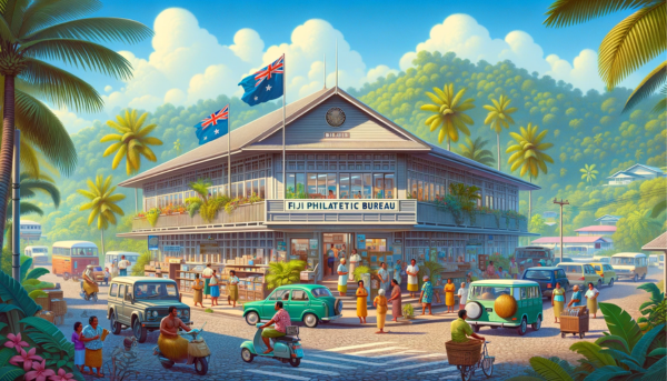 A horizontal, fully encompassed image of the Fiji Philatelic Bureau in Fiji, including local people, vehicles, and the Fijian flag. The scene is vibrant and full of life, reflecting the tropical and laid-back atmosphere of Fiji. Local Fijians, in a mix of traditional sulu skirts and modern casual wear, are seen going about their daily routines around the building. Some are chatting, others walking or conducting business. The streets are adorned with typical Fijian vehicles like small cars and scooters, adding a realistic touch. A Fijian flag is prominently displayed, fluttering in the gentle island breeze. The building itself is a blend of modern and traditional Pacific architecture, with large windows, a sloping roof, and made from local materials, fitting seamlessly into the lush, green landscape.