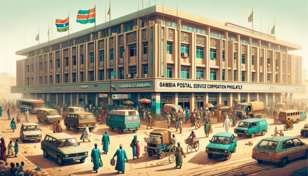 A horizontal image showcasing the Gambia Postal Services Corporation Philately building in Gambia, filled entirely in the frame. The scene is bustling with activity, reflecting the vibrant Gambian street life. Local people in a mix of traditional Gambian and casual modern clothing are seen around the building, some walking, others engaged in conversations. The area is busy with typical Gambian vehicles, including cars, vans, and bicycles, creating a dynamic and lively atmosphere. The Gambian flag is prominently displayed, either on a flagpole or on the building, symbolizing national pride. The building itself is a blend of modern and traditional African architectural styles, with a noticeable entrance and sign displaying 'Gambia Postal Services Corporation Philately - Gambia'.