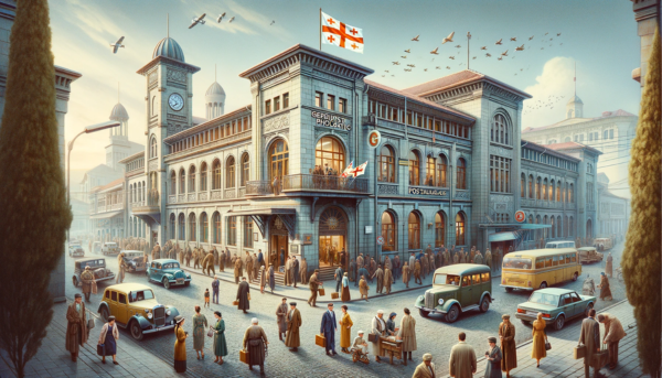 A horizontal, full-frame image of the Georgian Post Philatelic building in Georgia, including local people, vehicles, and the Georgian flag. The scene captures the essence of a busy Georgian street. Local people are dressed in a mix of traditional Georgian and modern western attire, engaging in various activities like walking, talking, and entering the building. The street is lined with typical Georgian vehicles, including cars and buses, adding a lively urban atmosphere to the scene. The Georgian flag is prominently displayed, either flying on a flagpole or attached to the building, symbolizing national pride. The architecture of the building blends traditional Georgian styles with modern elements, featuring stone construction with intricate designs and large windows.