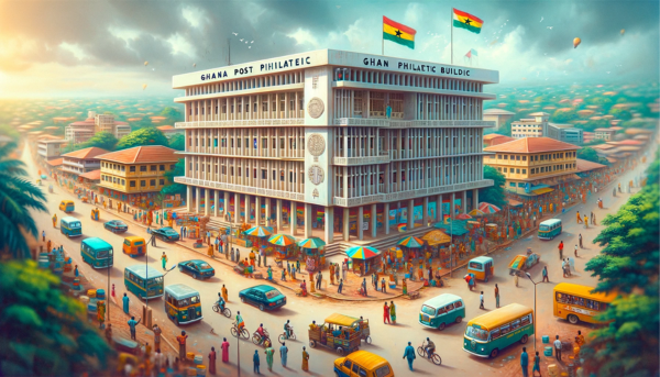 A wide, horizontal image of the Ghana Post Philatelic building in Ghana, filling the entire field of view without cropping the sides. The scene is vibrant and bustling with local Ghanaian life. People in a mix of traditional and modern Ghanaian attire are seen going about their daily activities, some walking and others conversing near the building. The streets are animated with local Ghanaian vehicles, including cars and bikes, reflecting the lively urban environment. A Ghanaian flag is prominently displayed, either on a flagpole or attached to the building, symbolizing national pride. The architecture of the building blends modern design with traditional Ghanaian elements, featuring large windows and distinctive African motifs.