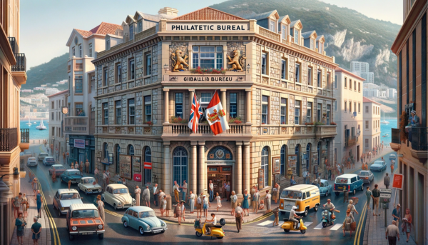 A full-frame horizontal image of the Gibraltar Philatelic Bureau building, incorporating local people, vehicles, and the flag of Gibraltar. The building showcases a blend of Mediterranean and British architectural styles, reflecting Gibraltar's unique cultural heritage. It is a mid-sized, elegant structure with stone walls and large windows. The scene around the building is lively, with local people in a mix of Mediterranean and British fashion. They are walking, conversing, and engaging in various activities, some entering and exiting the building. The street is bustling with local vehicles, including cars and scooters, typical of Gibraltar. The Gibraltar flag is prominently displayed, adding a touch of local identity to the scene. The entire image fills the frame, capturing the vibrant essence of Gibraltar around the Philatelic Bureau.