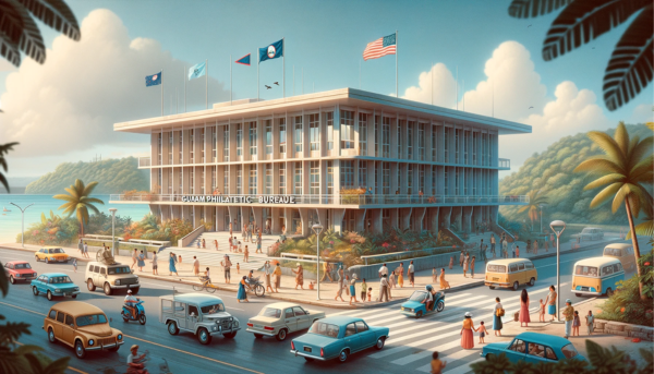 A horizontal, full-frame image of the Guam Philatelic Bureau building, including local people, vehicles, and the flag of Guam. The building is designed in a modern Pacific Island style, with a flat roof, large glass windows, and light-colored walls. The scene is lively, with local people in a mix of traditional island and modern casual attire, walking and interacting near the building. The street is filled with typical Guam vehicles like cars and scooters, adding a sense of local life. The Guam flag is prominently displayed, either on a flagpole or on the building, symbolizing the island's identity. The setting includes some tropical trees and a clear sky, reflecting Guam's beautiful natural environment.