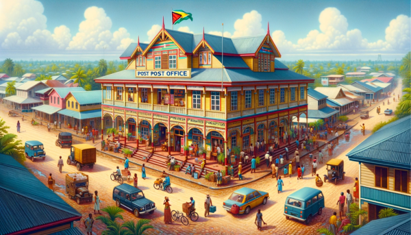 A horizontal, full-field image depicting the Guyana Post Office Philatelic building in Guyana, bustling with local activity. The building reflects a blend of Caribbean and colonial architectural styles, featuring bright colors and wooden accents. It's a two-story structure with large windows and a prominent entrance. The scene is lively with local Guyanese people in a mix of traditional and modern attire, indicating the rich cultural diversity. They are walking, chatting, and engaging in various activities around the building. The street is filled with local vehicles such as cars and bicycles, adding a sense of movement. A Guyanese flag is prominently displayed, either on a flagpole or on the building, symbolizing national pride. The surroundings are tropical with local vegetation, under a clear, sunny sky.