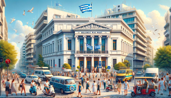 A full horizontal image of the Hellenic Post Philatelic building in Greece, including people, vehicles, and a Greek flag. The scene is vibrant, reflecting the lively atmosphere of a Greek city. Local people, dressed in a mix of traditional Greek and modern casual attire, are seen engaging in daily activities around the building. They are walking, talking, and some are interacting near the entrance. The streets around the building are bustling with typical Greek vehicles such as cars, scooters, and bicycles, adding a dynamic element to the scene. The Greek flag is prominently displayed, either on a flagpole or attached to the building, symbolizing national pride. The architecture of the building combines modern and classical Greek styles, with white marble and blue accents, embodying the colors of the Greek flag.