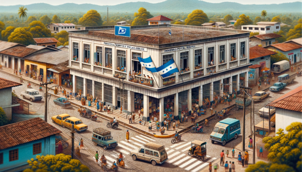 A horizontal image of the Honduras Postal Service Philatelic building, known as Honducor, in Honduras. The image is filled end-to-end, capturing the entire scene without cropping the sides. The building exhibits a blend of modern and traditional Central American architectural styles. It's a medium-sized, two-story structure with a combination of plastered walls and exposed brick, and large windows. The scene is lively with local Honduran people in various attire, reflecting the country's cultural diversity. They are seen walking and engaging in daily activities. The streets are bustling with local vehicles like cars and motorcycles. A Honduran flag is prominently displayed, either on a flagpole or on the building, symbolizing national pride. The setting is urban with tropical trees and a bright sky.